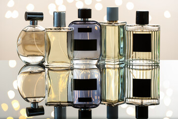 Different luxury perfumes on glass surface. Bokeh effect
