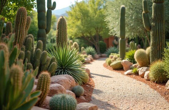 Desert garden features various cacti, succulents, well-maintained path. Rich plants background. Arid botanical landscape shows nature outdoors, dry scenic environment. Decorative sustainable garden