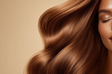 Fototapeta premium Luscious waves of chestnut hair cascade elegantly, radiating sof