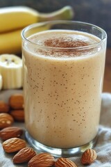 Creamy smoothie with bananas and almonds topped with sprinkle of