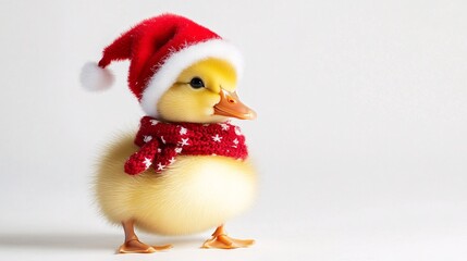 Adorable duckling in a festive outfit, white background