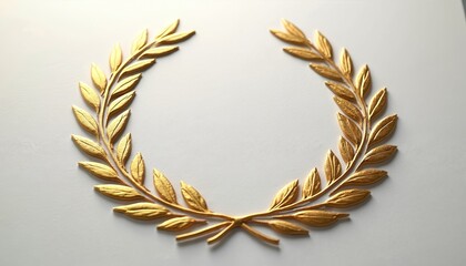 Gold laurel wreath embossed on clean white card. Chaplet motif element, circle frame. Use it for wedding invitation, job certificate, business logotype, badge design, award background.
