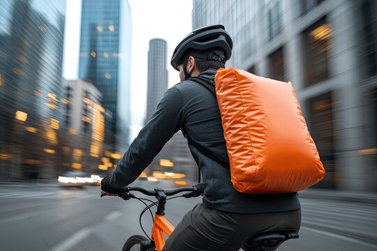 Cyclist navigating urban streets, equipped with vibrant orange b - Powered by Adobe