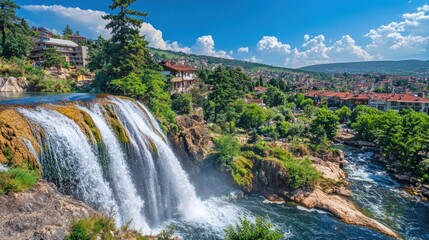 Fototapeta premium Stunning waterfall cascading into a serene river, surrounded by lush greenery and quaint townhouses