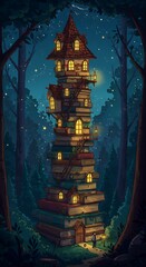 Enchanted Book Tower: A Magical Night in the Forest
