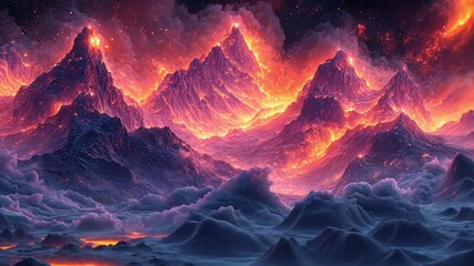 Fiery mountain range in cosmic clouds. Possible use Background image for a science fiction movie poster