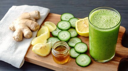 Fresh green smoothie with ginger, lemon, cucumber, and honey on