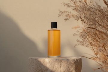 Fototapeta premium Elegant perfume bottle radiates warmth, showcased on textured pe