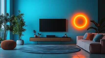 Stylish TV wall with neon glow illustration images