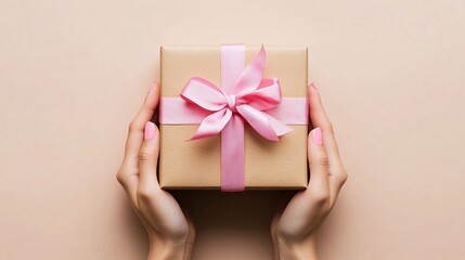 Close-up hands holding a gift box wrapped with a pink ribbon on a soft beige background