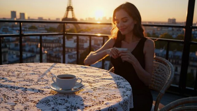 Parisian rooftop morning, female wearing casual outfit drinking coffee, enjoying macarons with eiffel tower silhouette glowing in golden sunrise backdrop