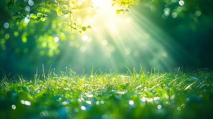 peaceful nature scene with blurred sunlight and green grass