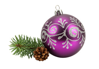A shiny purple Christmas bauble placed next to a green pine branch and a small brown pinecone isolated on transparent background