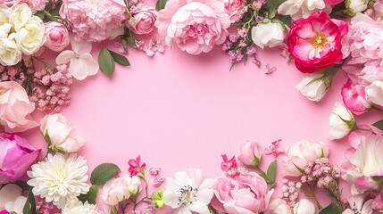 Obraz premium Vibrant floral design for international women's day celebration card, filled with pink and white spring flowers. Copy space for text