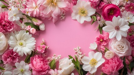 Vibrant floral design for international women's day celebration card, filled with pink and white spring flowers. Copy space for text