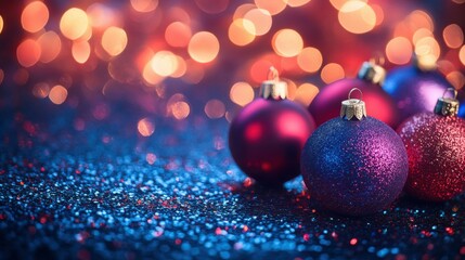 Obraz premium Festive composition made of decorative xmas baubles on shiny background. Christmas and New Year celebration and party concept