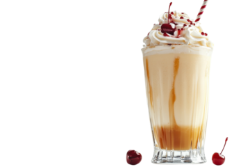 Creamy milkshake topped with whipped cream and cherries served in a tall glass