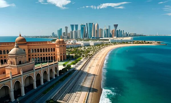 Beautiful costal Persian gulf country city view with skyscrapers at sunset