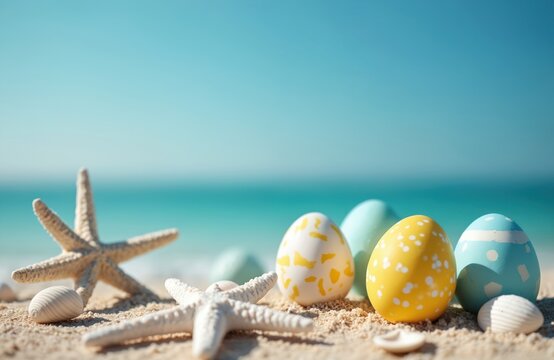 Starfish, sea shells, easter eggs on sand beach. Tropical ocean scenery with summer vacation holiday mood. Seashells, starfishes, painted eggs decoration on seaside resort with ocean waves.