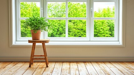 Fototapeta premium Green plant on stool by window with bright green nature background, for calm home decoration