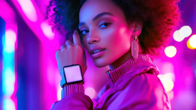 Modern technology in urban nightlife with fashionable smartwatch display