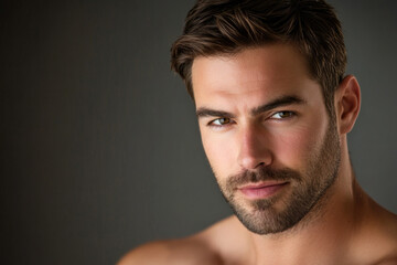 Obraz premium Close up portrait of handsome man. Portrait of shirtless man for skincare and beauty concepts. Handsome man with beauty face, facial skin portrait. Male healthy skin and spa concept. 