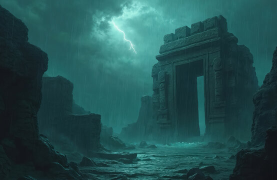 Dramatic storm scene featuring ancient stone ruins at sea under heavy rain, thunder, lightning. Mysterious submerged temple architecture, lost civilization fantasy concept, adventure mood, eerie