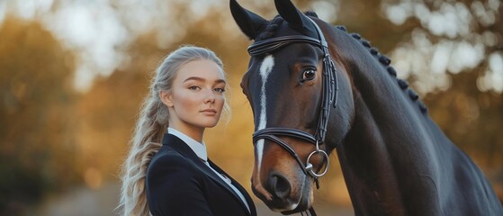 Obraz premium Equestrian Portrait Woman with Horse, Autumn Background, Training Image