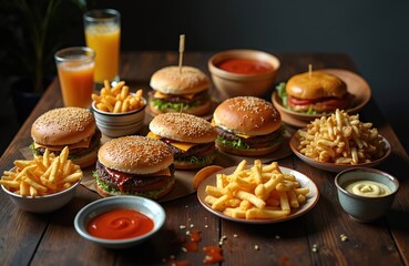 Table filled with ultra processed junk food burgers, french fries, sauces, juice. High caloric content, nutritional emptiness. Unhealthy eating concept. Fast food restaurant menu. Dieting problem.