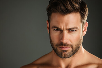 Fototapeta premium Close up portrait of handsome man. Portrait of shirtless man for skincare and beauty concepts. Handsome man with beauty face, facial skin portrait. Male healthy skin and spa concept. 