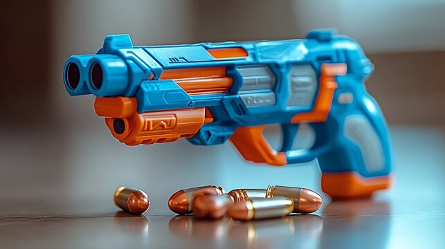 Toy blaster gun with bullets on table pictures
