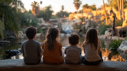 Four children sit by a pond, admiring a zoo.
