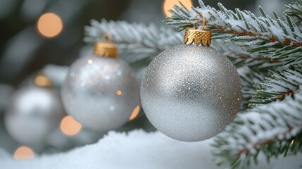 Snowy tree, silver ornaments, festive lights, winter card