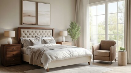 Modern interior of light bedroom with chest of drawers, armchair, bedside table and bed