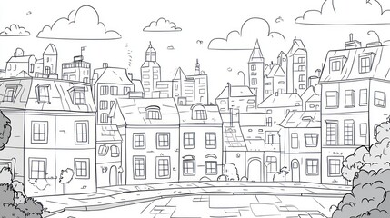 Cartoon cityscape, black and white, urban, background, illustration, use in design, book, or kids' projects