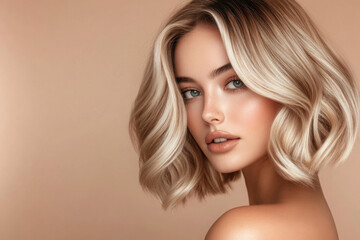 Fototapeta premium Beautiful blonde model girl with medium length curly hair . Smiling woman hairstyle wavy curls . Hair coloring balayage and shatush.Hair care and hair coloring. Fashion , beauty and makeup .