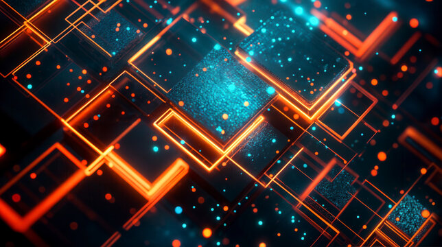 Futuristic technological background with glowing lines and geometric shapes.