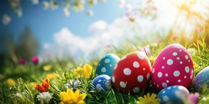 Decorated Easter Eggs in Grass with Daisies and Spring Flowers Holiday Background