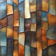 Abstract leather mosaic artwork with wavy, colorful patterns.