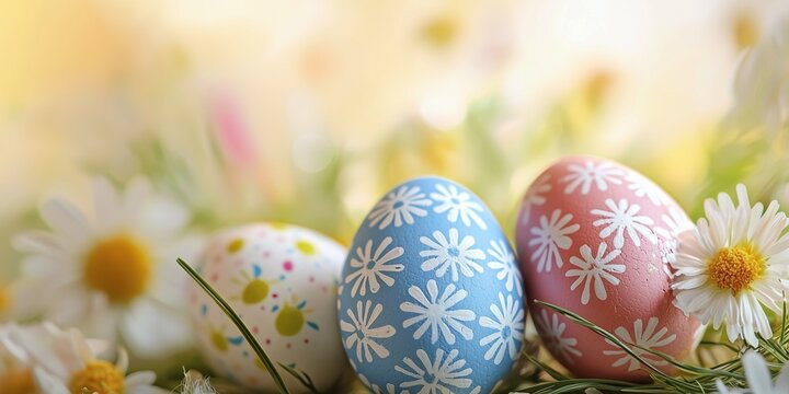 Decorated Easter Eggs in Grass with Daisies and Spring Flowers Holiday Background