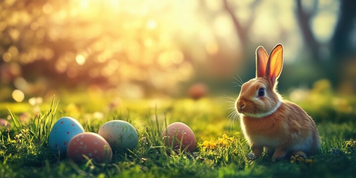 Easter Bunny with Colorful Easter Eggs in Spring Meadow at Sunset