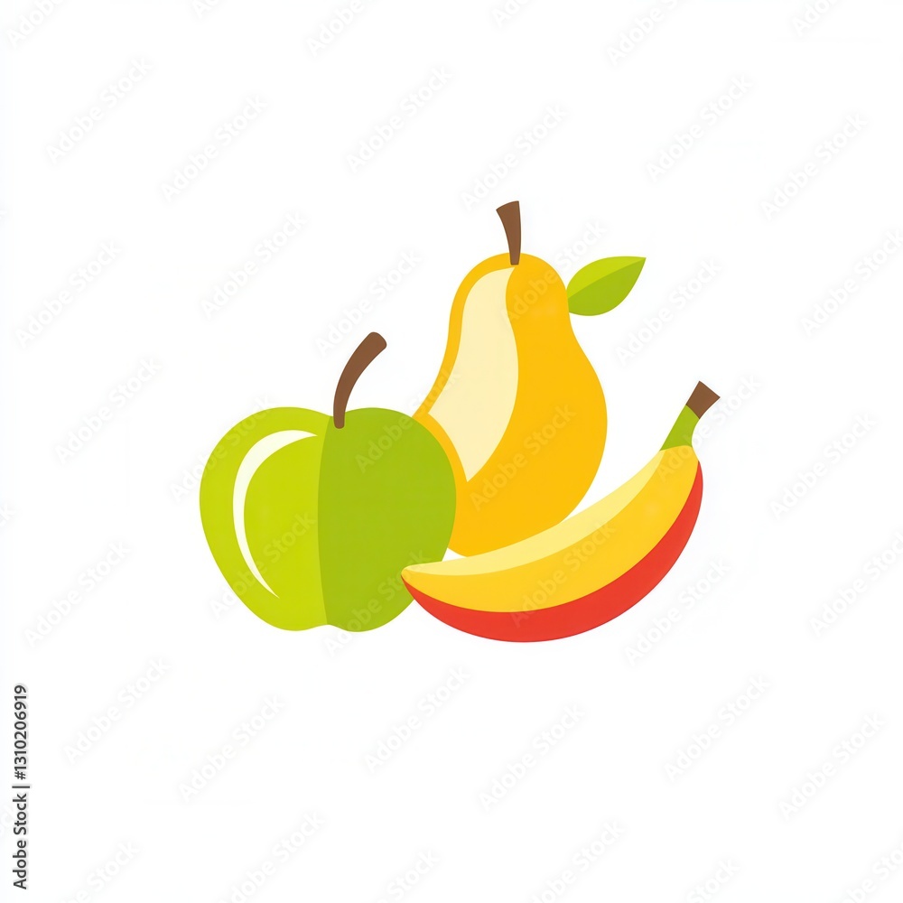 Poster modern minimalist fruit logo featuring abstract apple, pear, and banana on a clean and simple white 