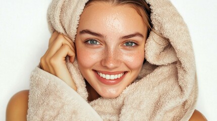 Smiling woman with a towel on a white background, showcasing natural beauty and fresh skin with a joyful expression, ideal for wellness and beauty themes