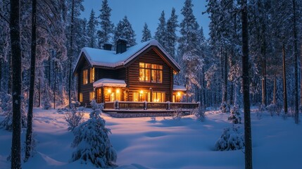 Cozy winter cabin nestled in a snowy forest at twilight. Warm interior light illuminating the home