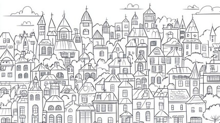 Obraz premium Hand-drawn cityscape illustration, background of houses, city view, artistic drawing, possible use for coloring book or wallpaper design