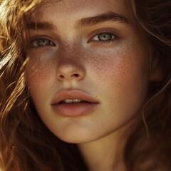 Close-up portrait of a young woman with freckles, soft golden light highlighting her delicate features and natural beauty.