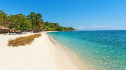Fototapeta premium Tropical beach resort, white sand, turquoise water, lush vegetation