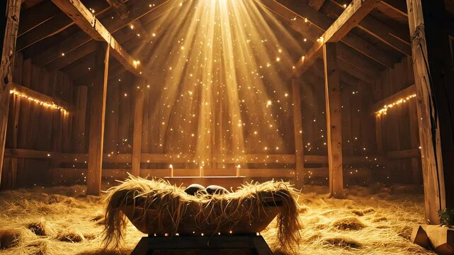 A horse standing in a rustic wooden barn with dramatic sunlight
