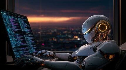 Futuristic robot coding at night in a city office.