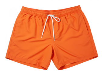 A pair of vibrant orange swim shorts with adjustable drawstring isolated on transparent background